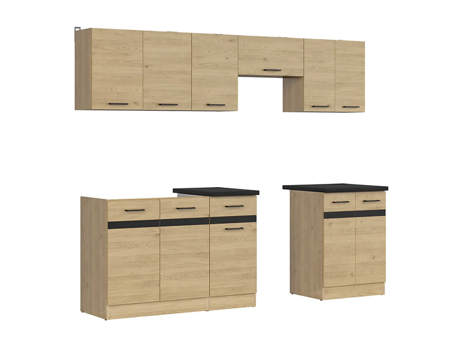 Cuisine complète 240 cm,Ensemble de meuble de cuisine coloris Chêne berstein, plan de travail noir inclus