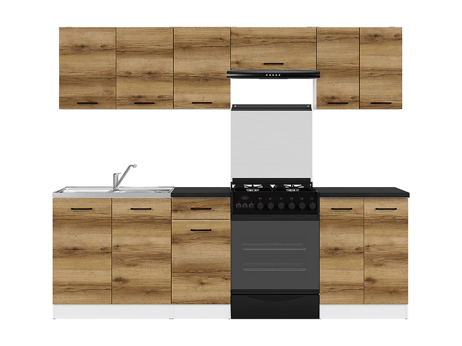 Cuisine complète 240 cm,Ensemble de meuble de cuisine coloris Chêne delano/Blanc, plan de travail noir inclus