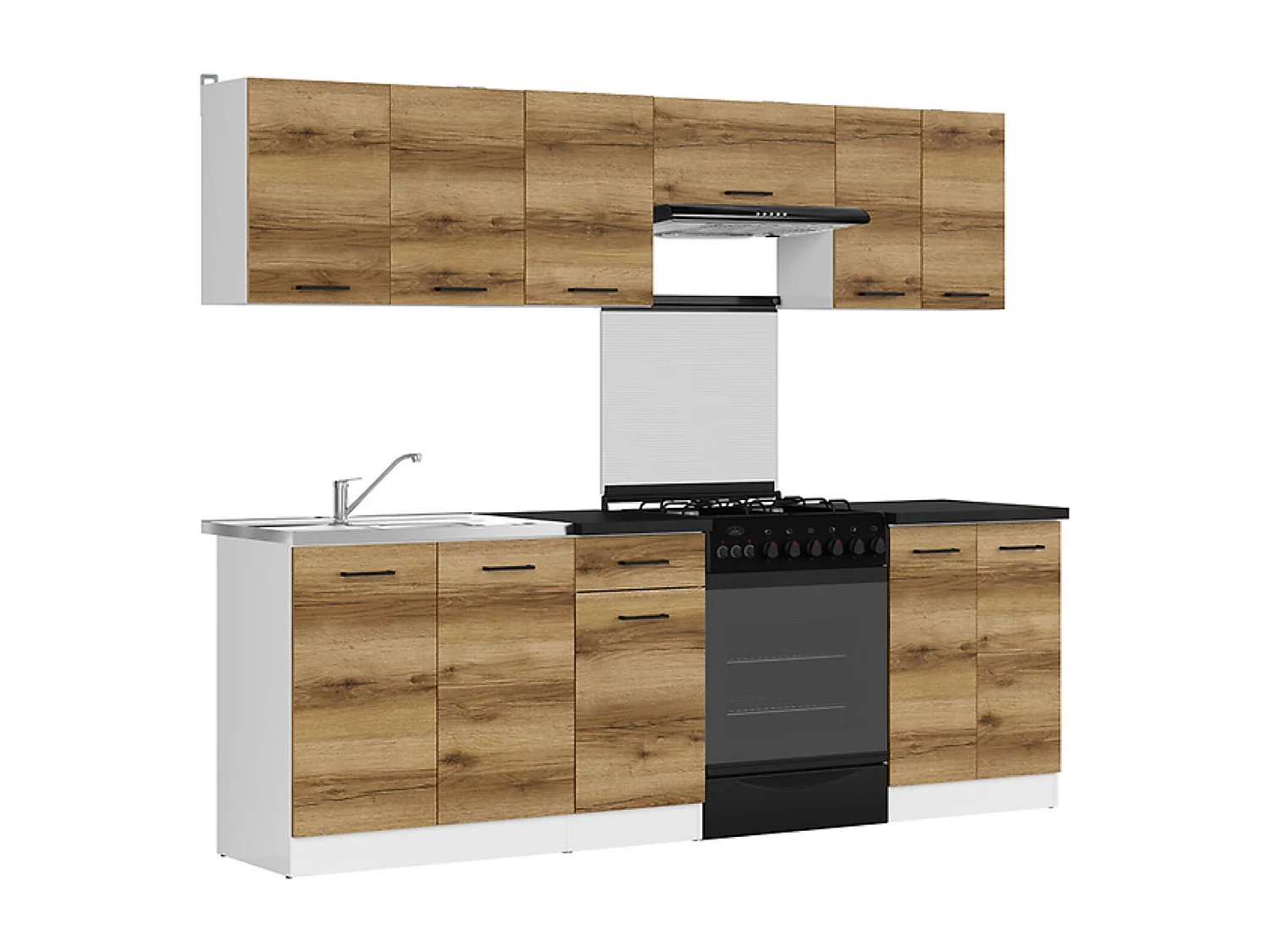 Cuisine complète 240 cm,Ensemble de meuble de cuisine coloris Chêne delano/Blanc, plan de travail noir inclus