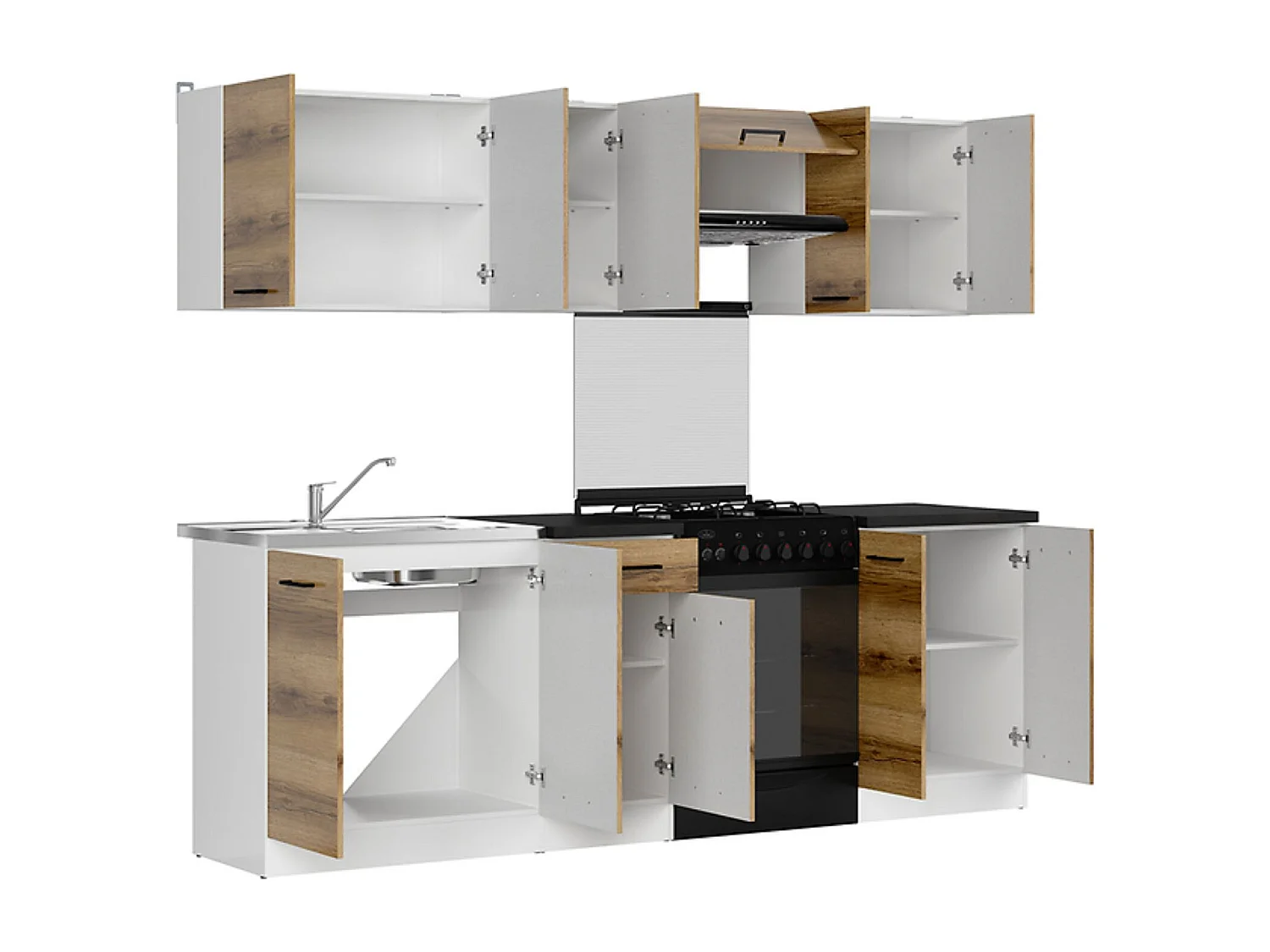 Cuisine complète 240 cm,Ensemble de meuble de cuisine coloris Chêne delano/Blanc, plan de travail noir inclus