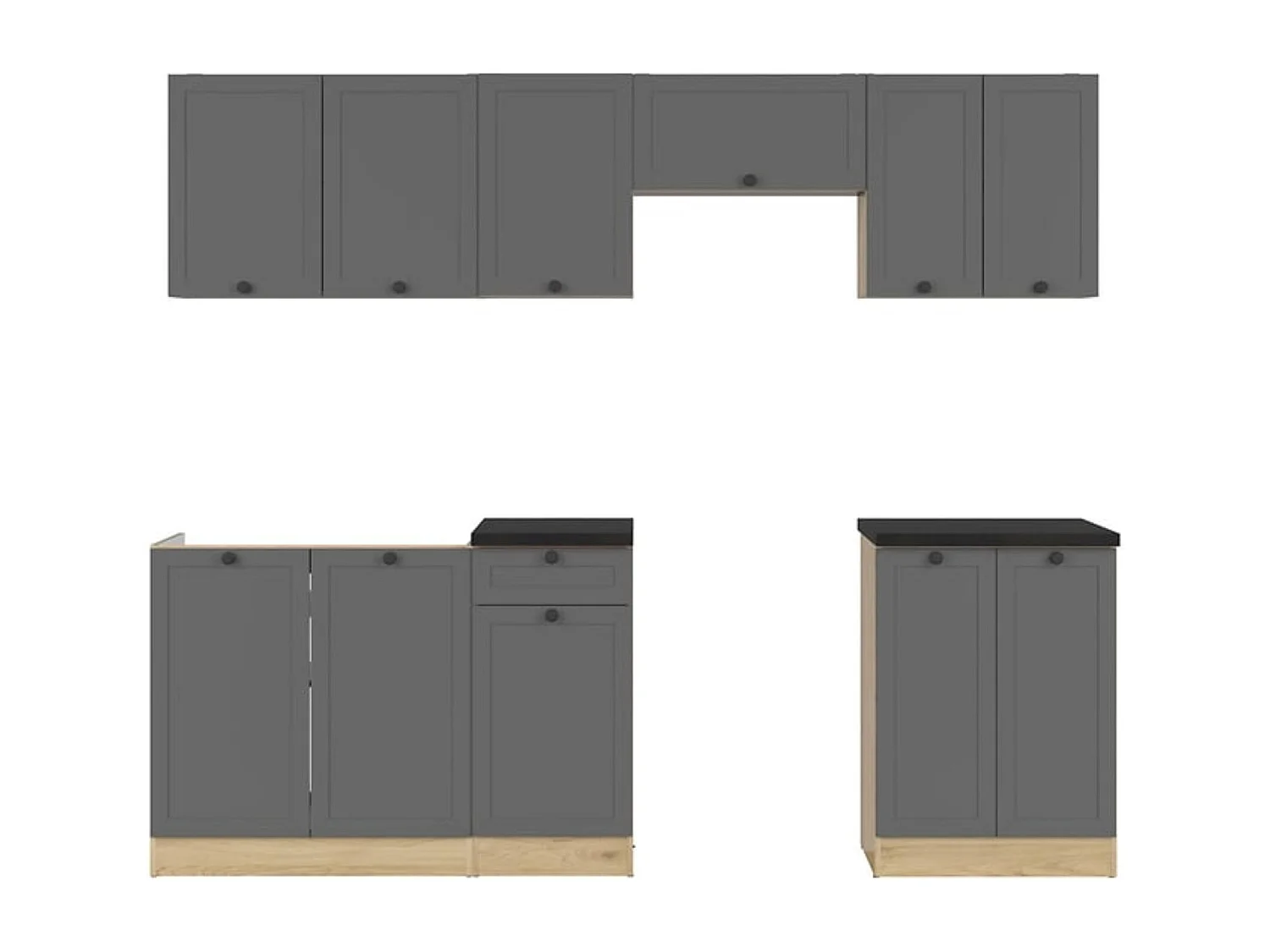 Cuisine complète 240 cm,Ensemble de meuble de cuisine coloris Gris graphite/Chêne graphite, plan de travail noir inclus
