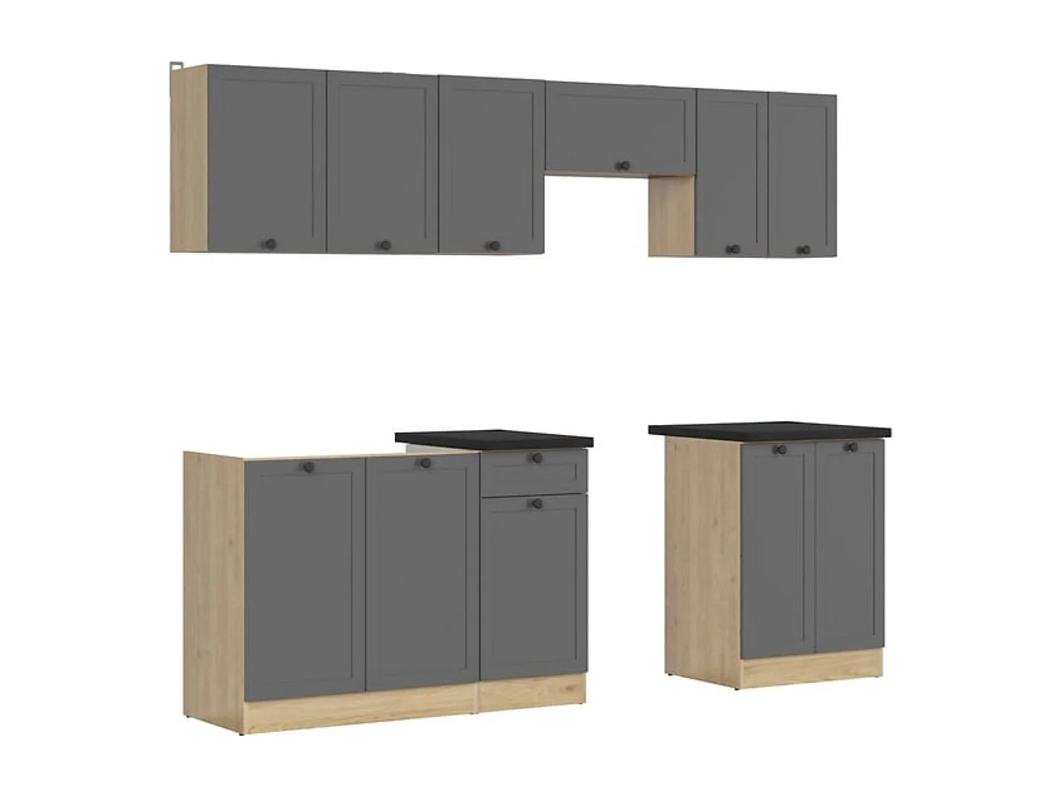 Cuisine complète 240 cm,Ensemble de meuble de cuisine coloris Gris graphite/Chêne graphite, plan de travail noir inclus