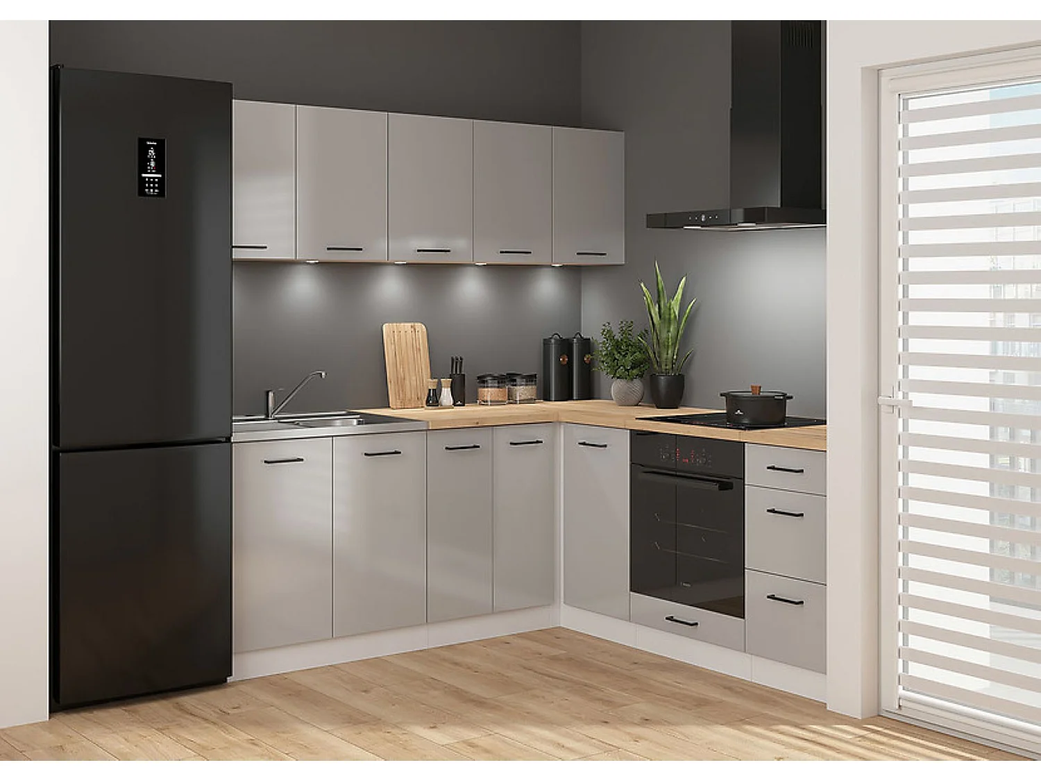 Cuisine d'angle complète 200x200 cm, Meubles de cuisine modulables coloris Gris clair brillant/Blanc, plan de travail chêne doré inclus