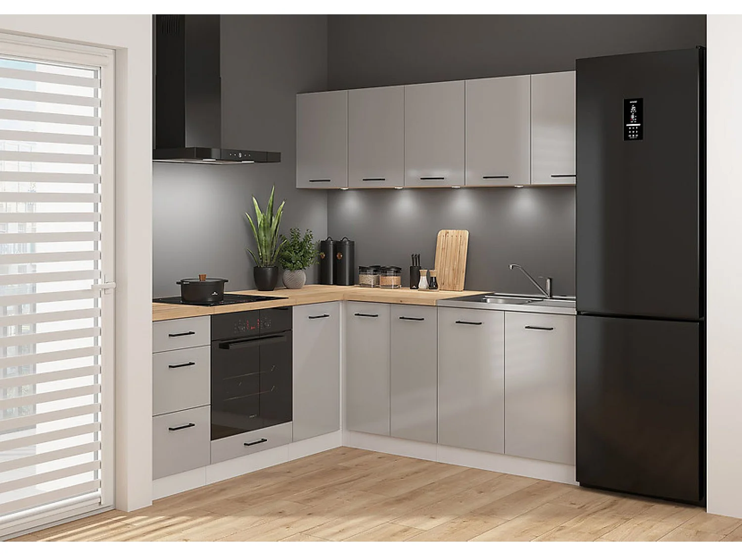 Cuisine d'angle complète 200x200 cm, Meubles de cuisine modulables coloris Gris clair brillant/Blanc, plan de travail chêne doré inclus