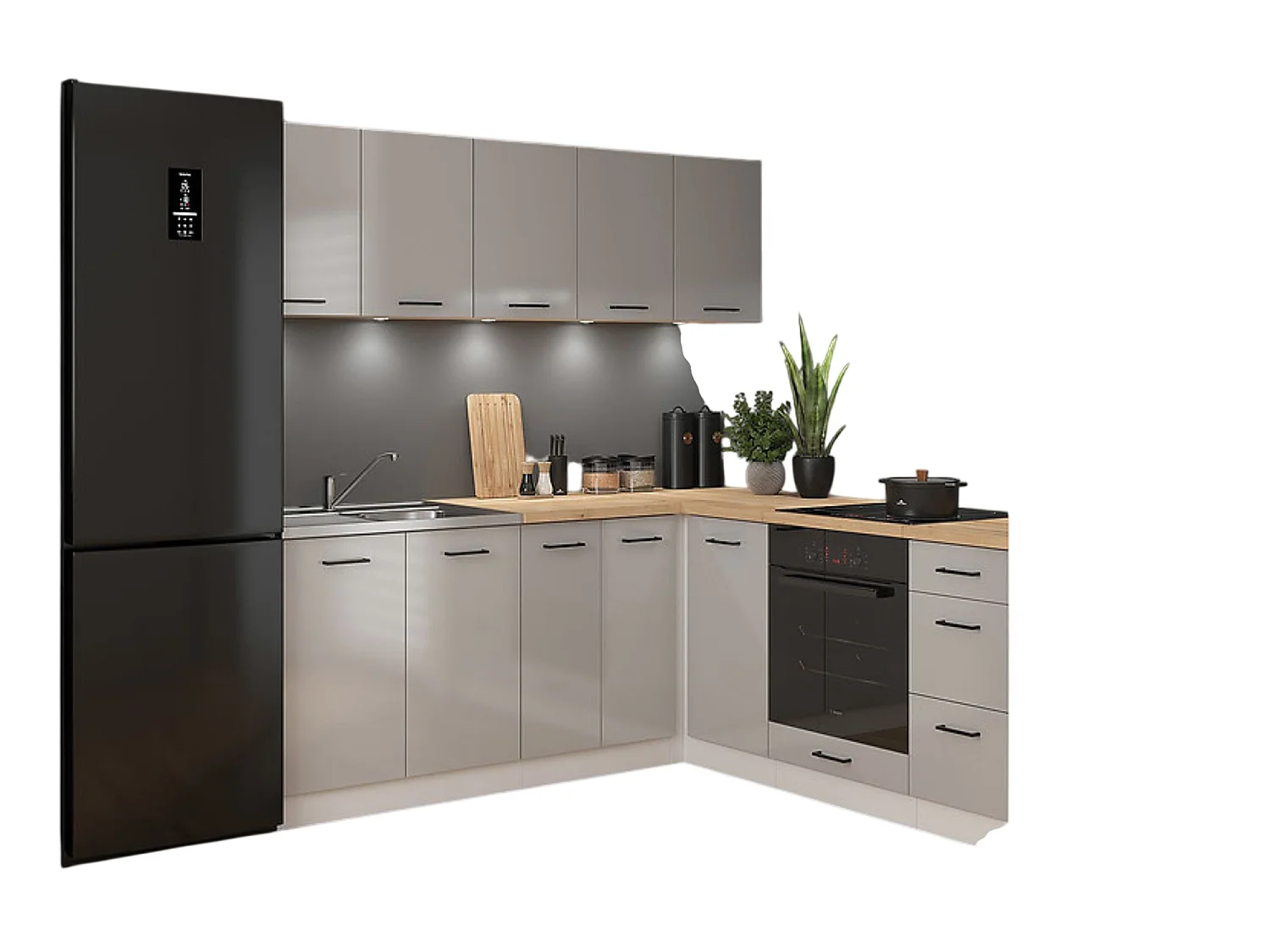 Cuisine d'angle complète 200x200 cm, Meubles de cuisine modulables coloris Gris clair brillant/Blanc, plan de travail chêne doré inclus
