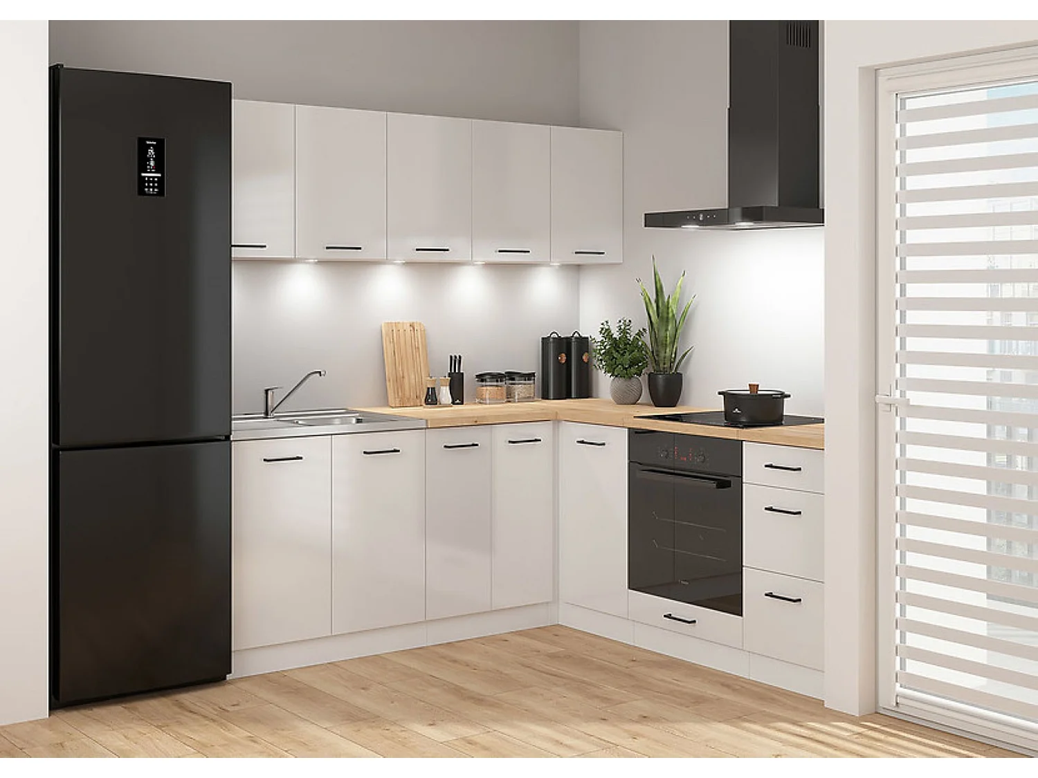 Cuisine d'angle complète 200x200 cm, Meubles de cuisine modulables coloris Blanc/Craie brillant, plan de travail chêne doré inclus