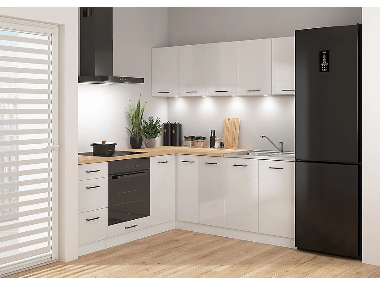 Cuisine d'angle complète 200x200 cm, Meubles de cuisine modulables coloris Blanc/Craie brillant, plan de travail chêne doré inclus