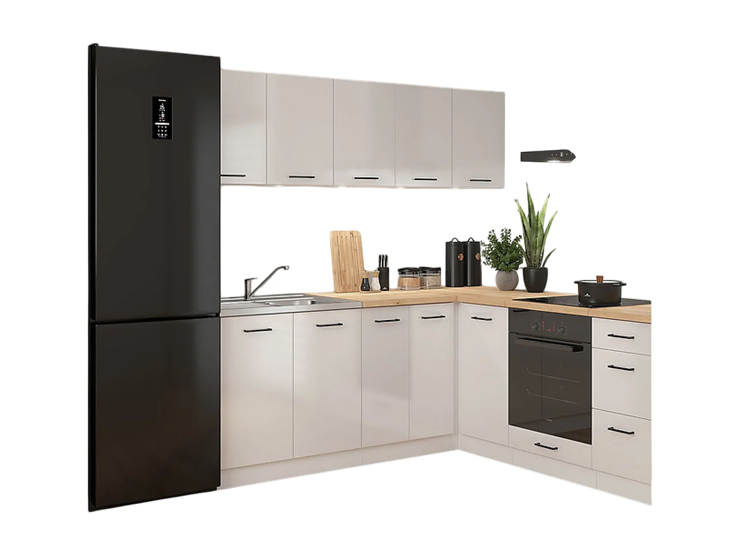 Cuisine d'angle complète 200x200 cm, Meubles de cuisine modulables coloris Blanc/Craie brillant, plan de travail chêne doré inclus