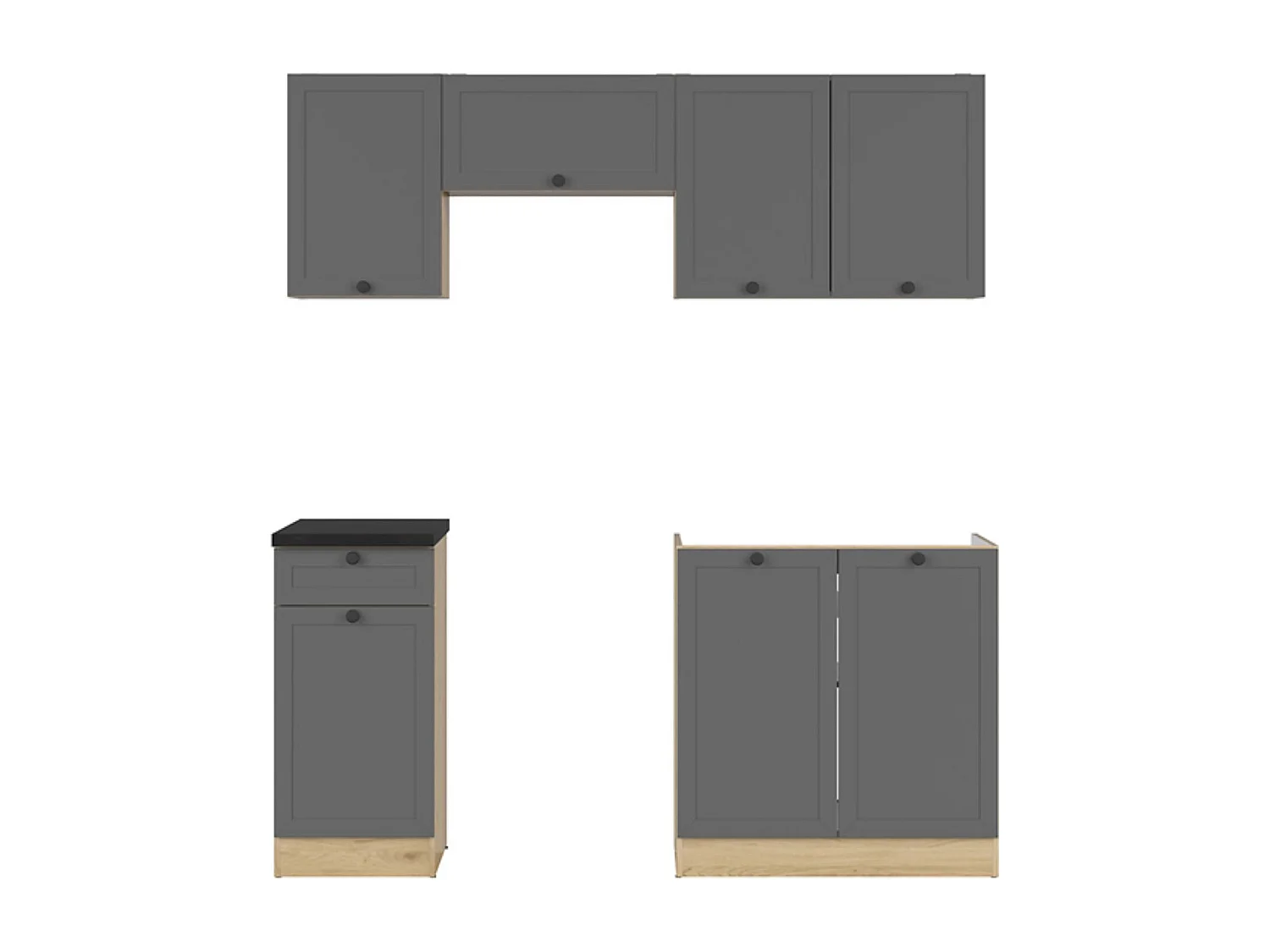 Cuisine complète 180 cm,Ensemble de meuble de cuisine coloris Gris graphite/Chêne graphite, plan de travail noir inclus