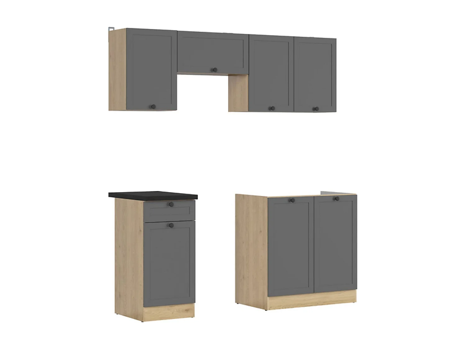 Cuisine complète 180 cm,Ensemble de meuble de cuisine coloris Gris graphite/Chêne graphite, plan de travail noir inclus
