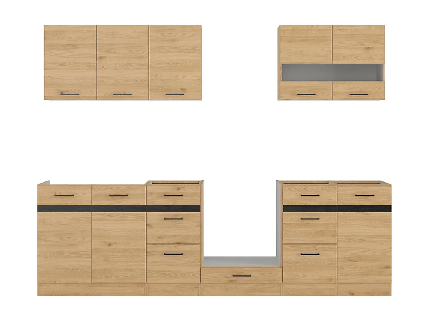 Cuisine complète 260 cm,Ensemble de meuble de cuisine coloris Gris graphite/Chêne bernstein, plan de travail non inclus
