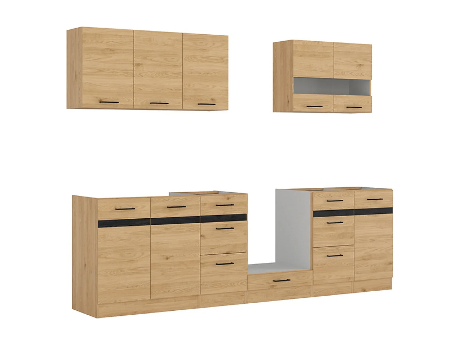 Cuisine complète 260 cm,Ensemble de meuble de cuisine coloris Gris graphite/Chêne bernstein, plan de travail non inclus