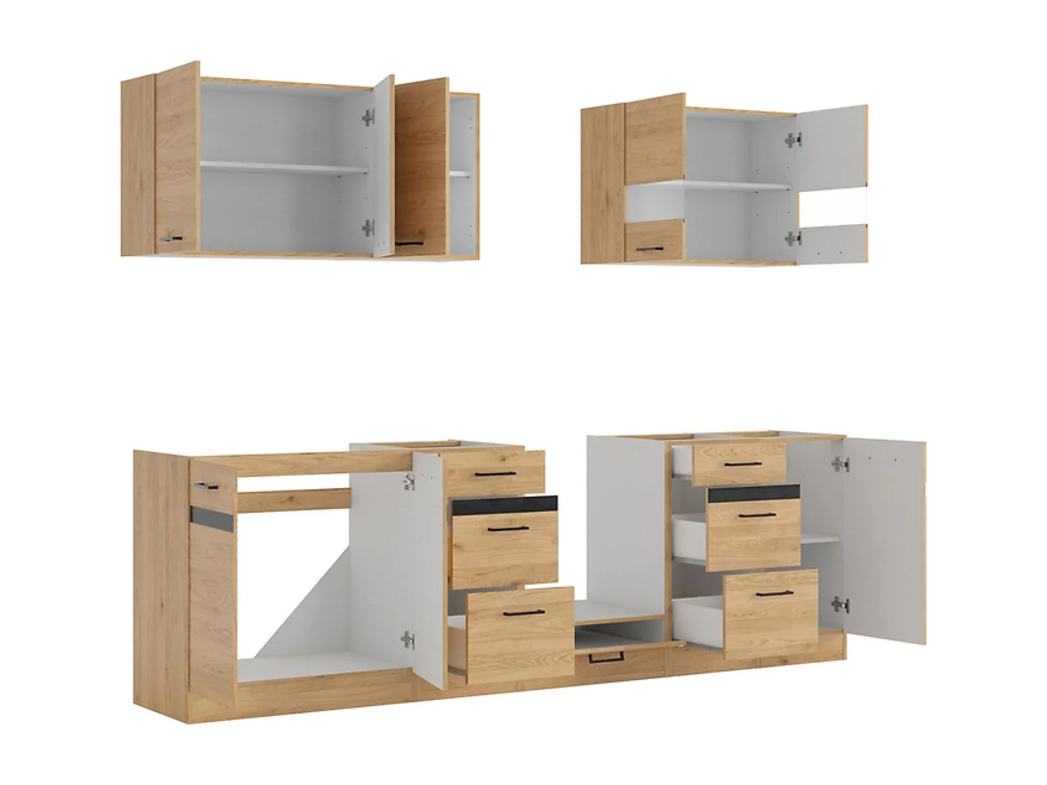 Cuisine complète 260 cm,Ensemble de meuble de cuisine coloris Gris graphite/Chêne bernstein, plan de travail non inclus