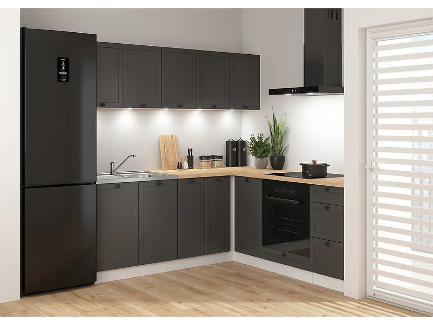 Cuisine d'angle complète 200x200 cm, Meubles de cuisine modulables coloris gris graphite/Blanc, plan de travail chêne doré inclus