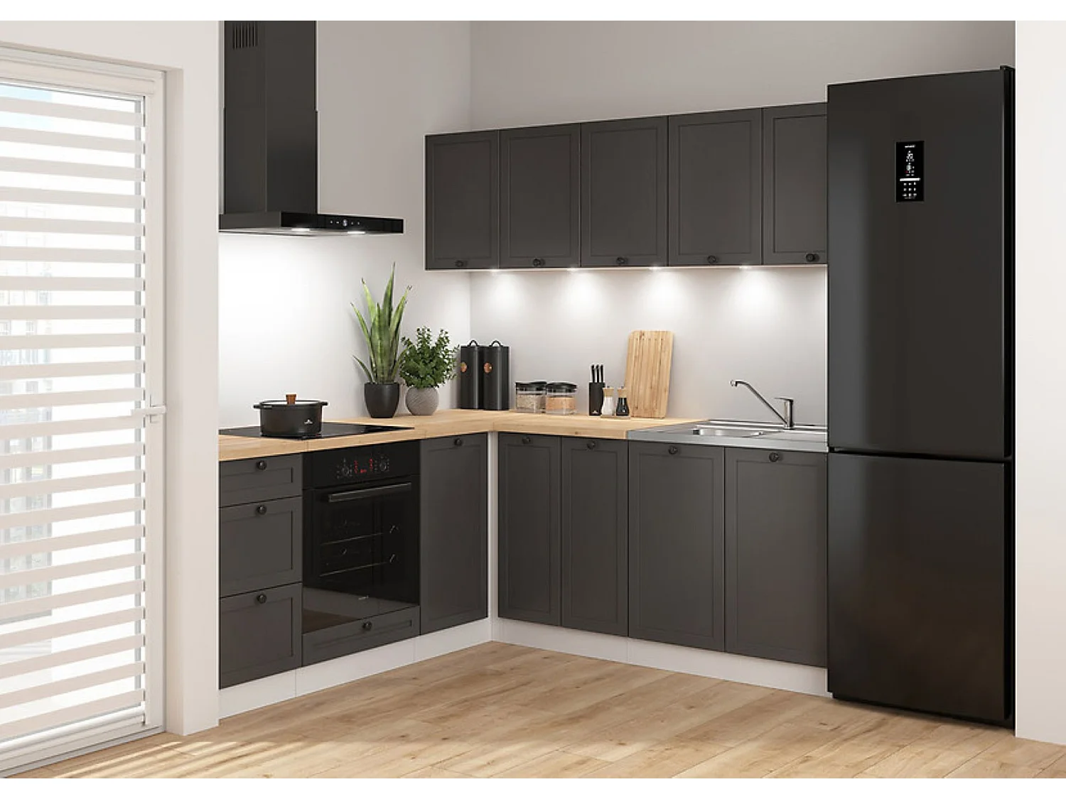 Cuisine d'angle complète 200x200 cm, Meubles de cuisine modulables coloris gris graphite/Blanc, plan de travail chêne doré inclus