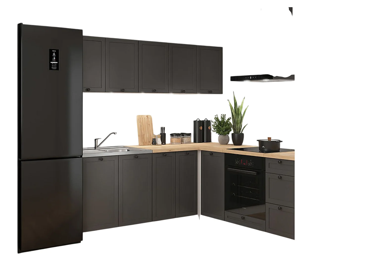 Cuisine d'angle complète 200x200 cm, Meubles de cuisine modulables coloris gris graphite/Blanc, plan de travail chêne doré inclus