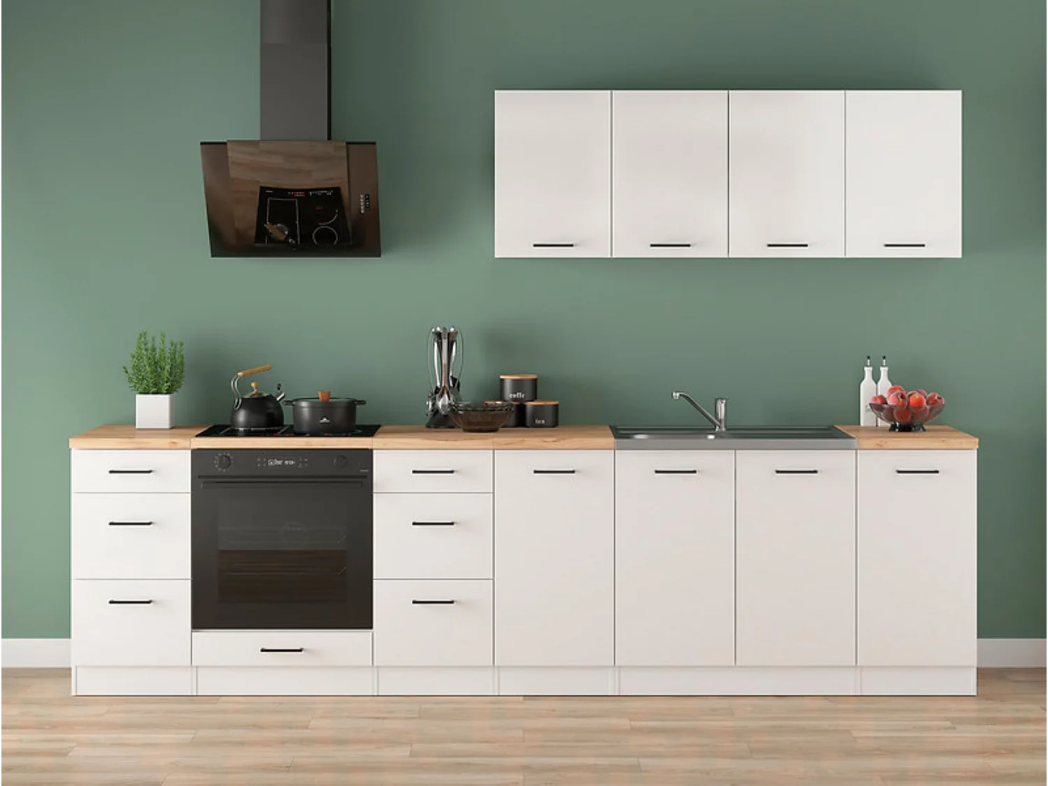 Cuisine complète 300 cm,Ensemble de meuble de cuisine coloris Blanc/Craie brillant, plan de travail non inclus