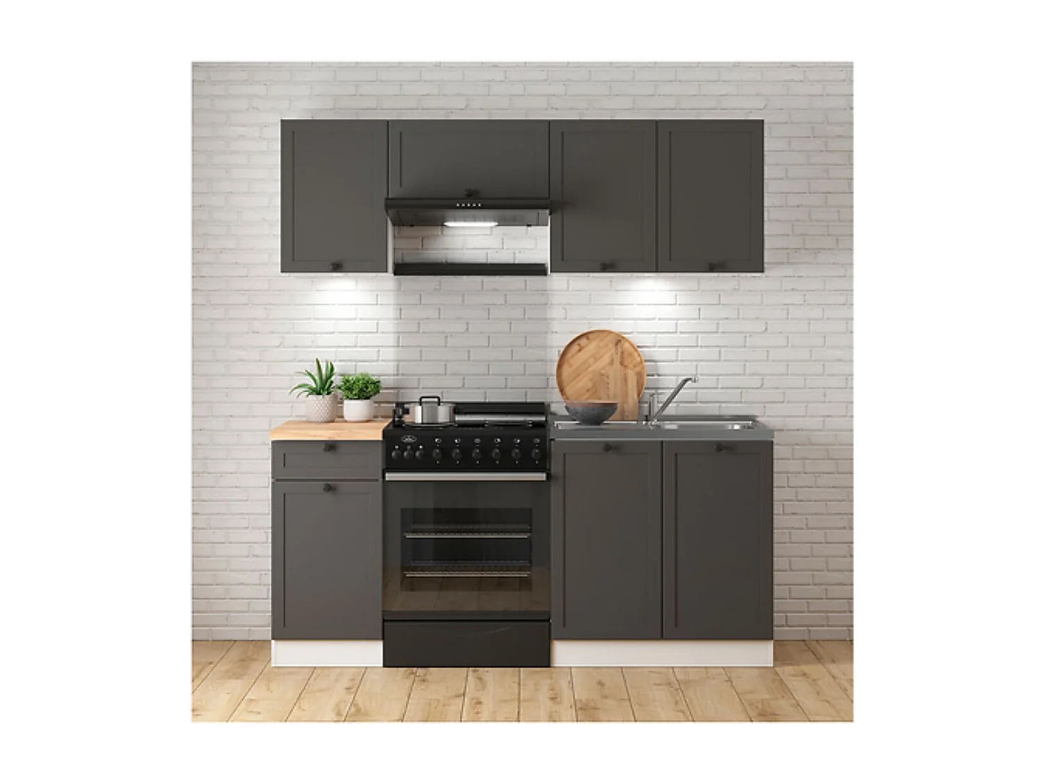 Cuisine complète 180 cm,Ensemble de meuble de cuisine coloris gris graphite/blanc, plan de travail coloris Chêne doré inclus