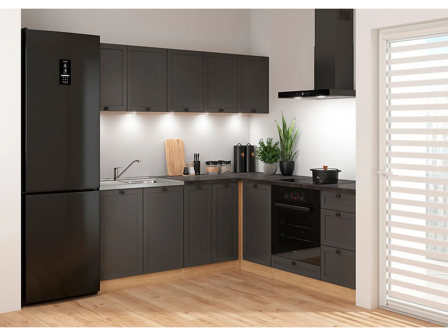 Cuisine d'angle complète 200x200 cm, Meubles de cuisine modulables coloris Gris graphite/Chêne bernstein, plan de travail Noir inclus