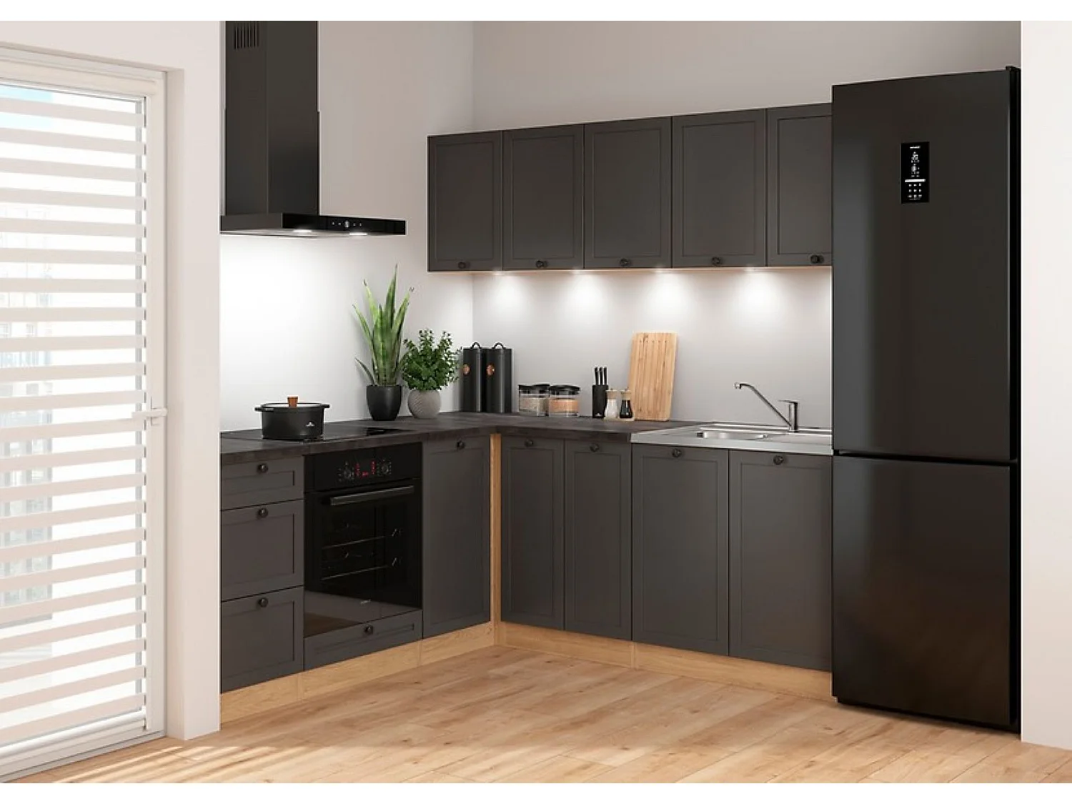 Cuisine d'angle complète 200x200 cm, Meubles de cuisine modulables coloris Gris graphite/Chêne bernstein, plan de travail Noir inclus