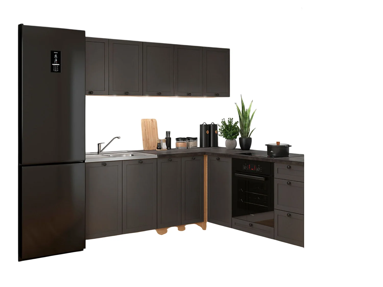 Cuisine d'angle complète 200x200 cm, Meubles de cuisine modulables coloris Gris graphite/Chêne bernstein, plan de travail Noir inclus