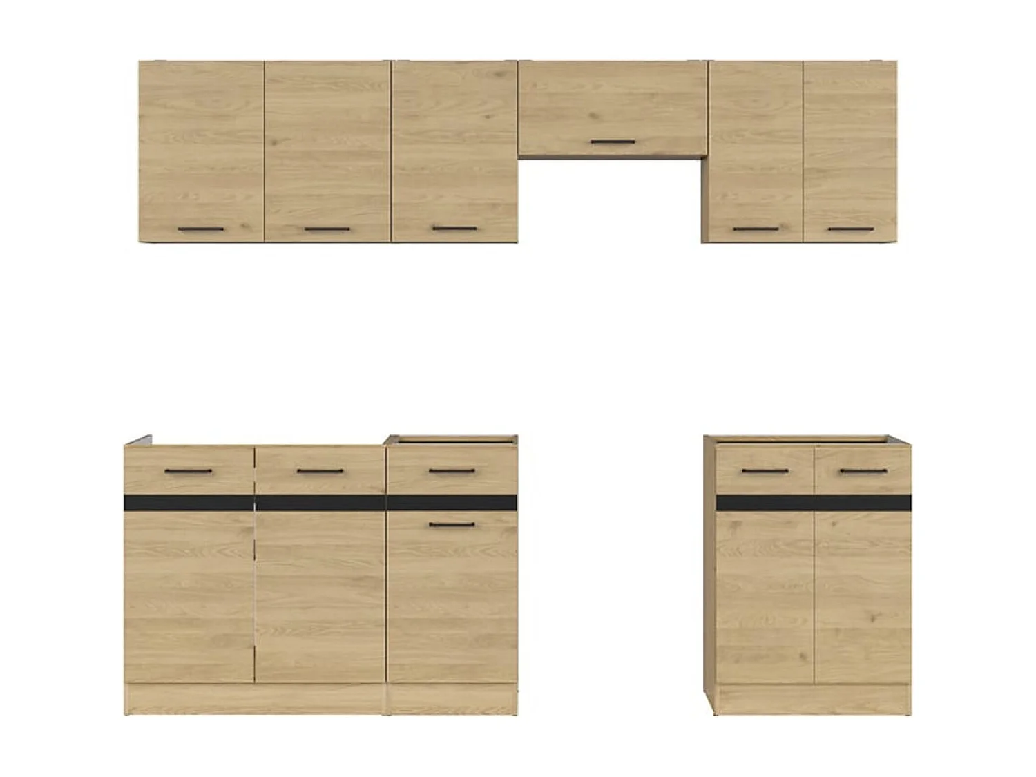 Cuisine complète 240 cm,Ensemble de meuble de cuisine coloris Blanc/Chêne berstein, plan de travail non inclus