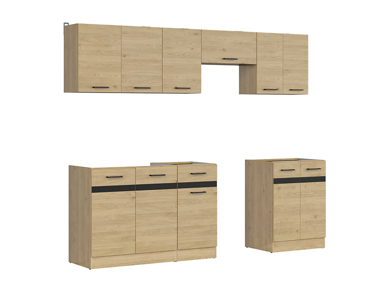 Cuisine complète 240 cm,Ensemble de meuble de cuisine coloris Blanc/Chêne berstein, plan de travail non inclus