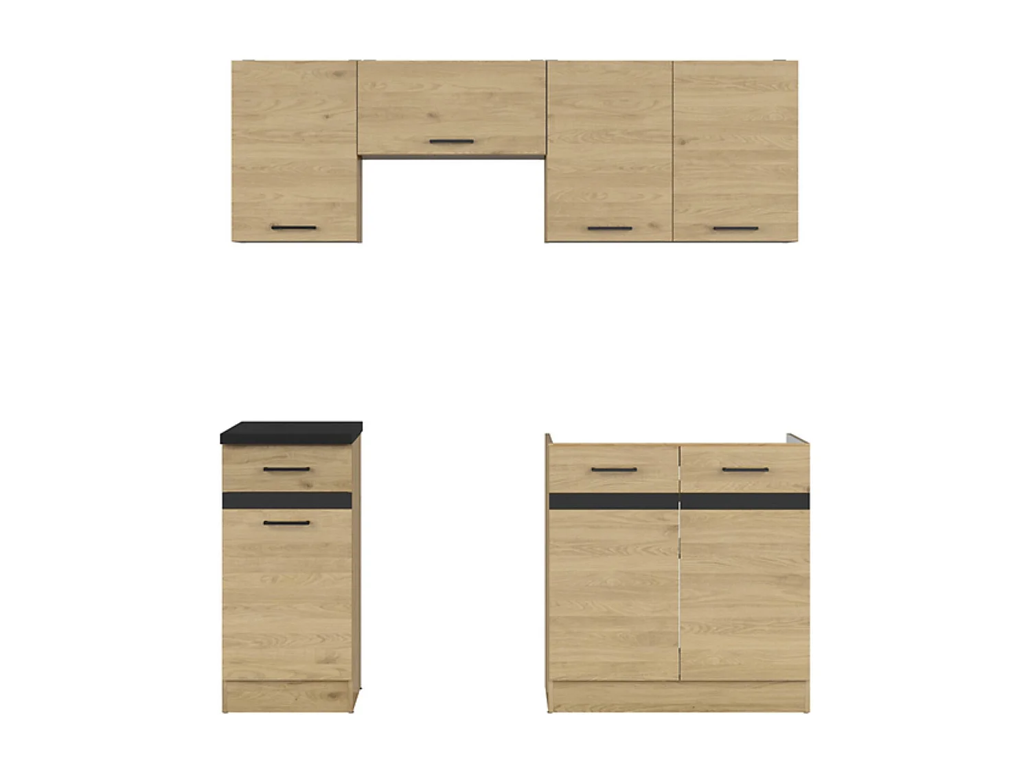 Cuisine complète 180 cm,Ensemble de meuble de cuisine coloris Chêne berstein, plan de travail noir inclus