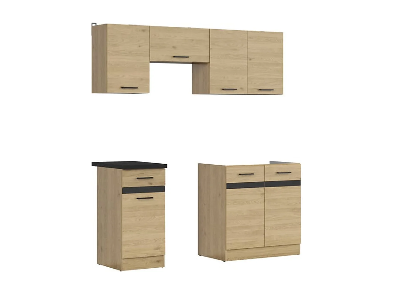 Cuisine complète 180 cm,Ensemble de meuble de cuisine coloris Chêne berstein, plan de travail noir inclus