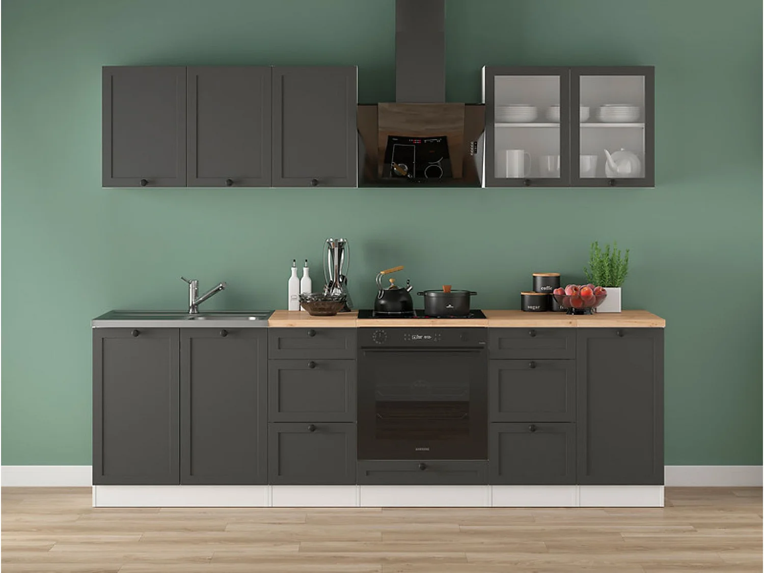 Cuisine complète 260 cm,Ensemble de meuble de cuisine coloris Blanc/Gris graphite, plan de travail non inclus