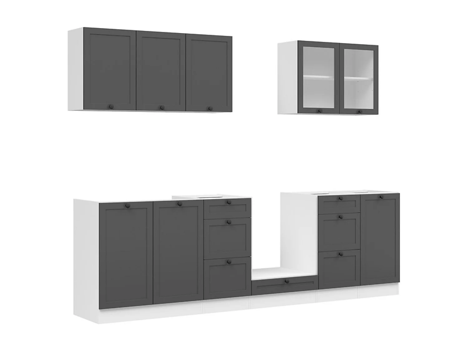 Cuisine complète 260 cm,Ensemble de meuble de cuisine coloris Blanc/Gris graphite, plan de travail non inclus