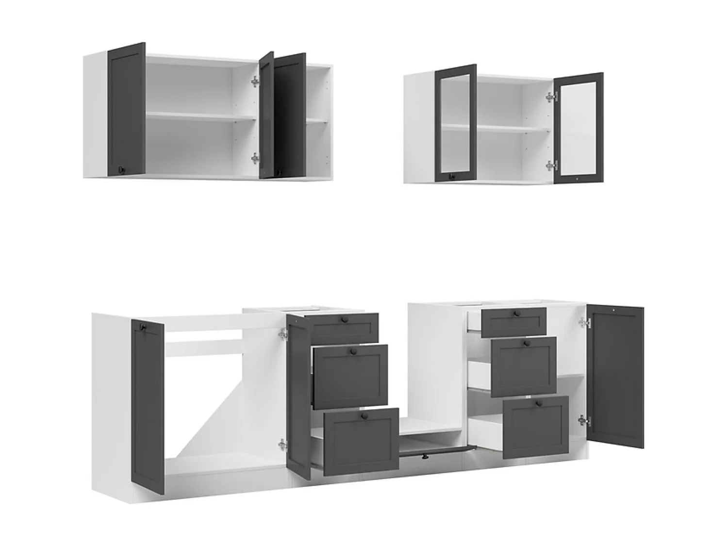 Cuisine complète 260 cm,Ensemble de meuble de cuisine coloris Blanc/Gris graphite, plan de travail non inclus