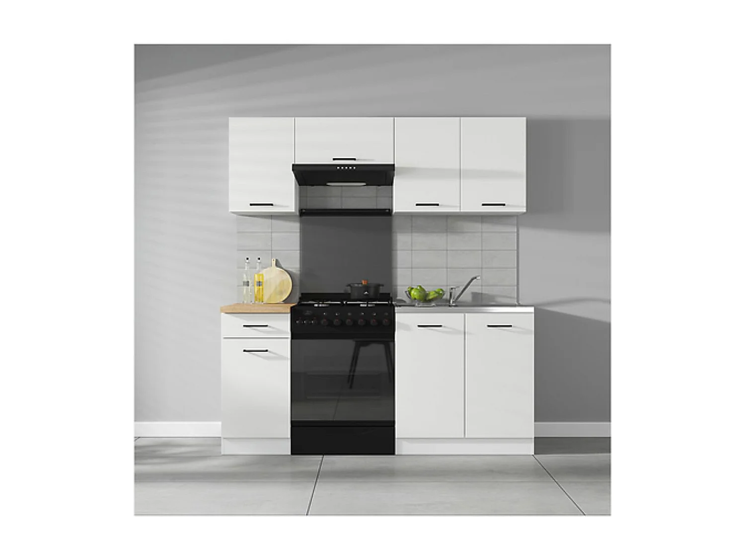 Cuisine complète 180 cm,Ensemble de meuble de cuisine coloris Blanc/Craie brillant, plan de travail coloris Chêne doré inclus