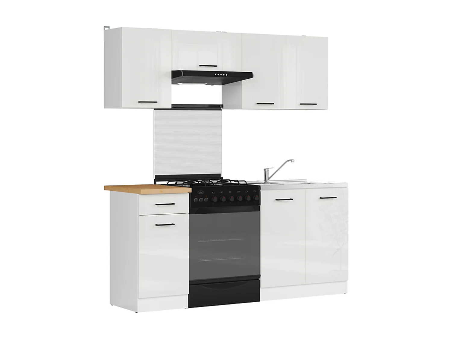 Cuisine complète 180 cm,Ensemble de meuble de cuisine coloris Blanc/Craie brillant, plan de travail coloris Chêne doré inclus