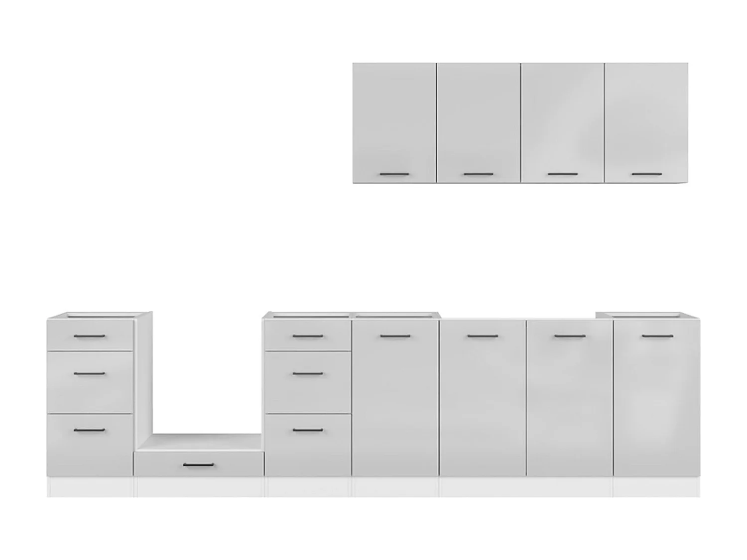 Cuisine complète 300 cm,Ensemble de meuble de cuisine coloris Gris clair brillant/Blanc, plan de travail non inclus