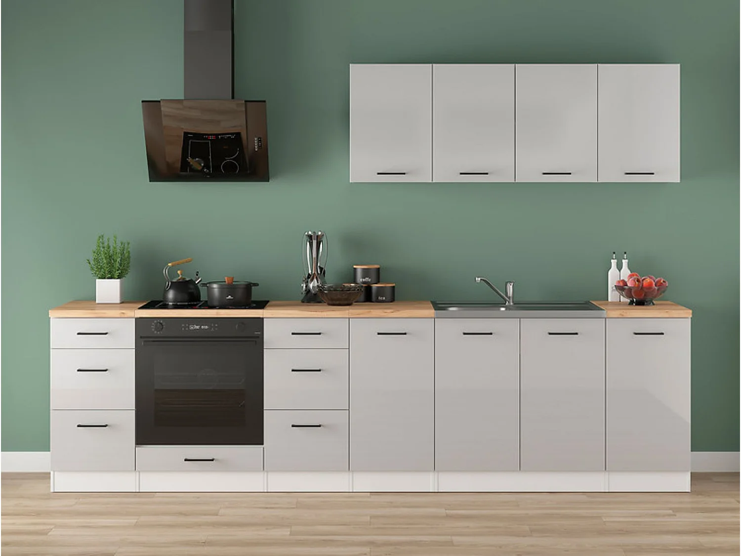 Cuisine complète 300 cm,Ensemble de meuble de cuisine coloris Gris clair brillant/Blanc, plan de travail non inclus