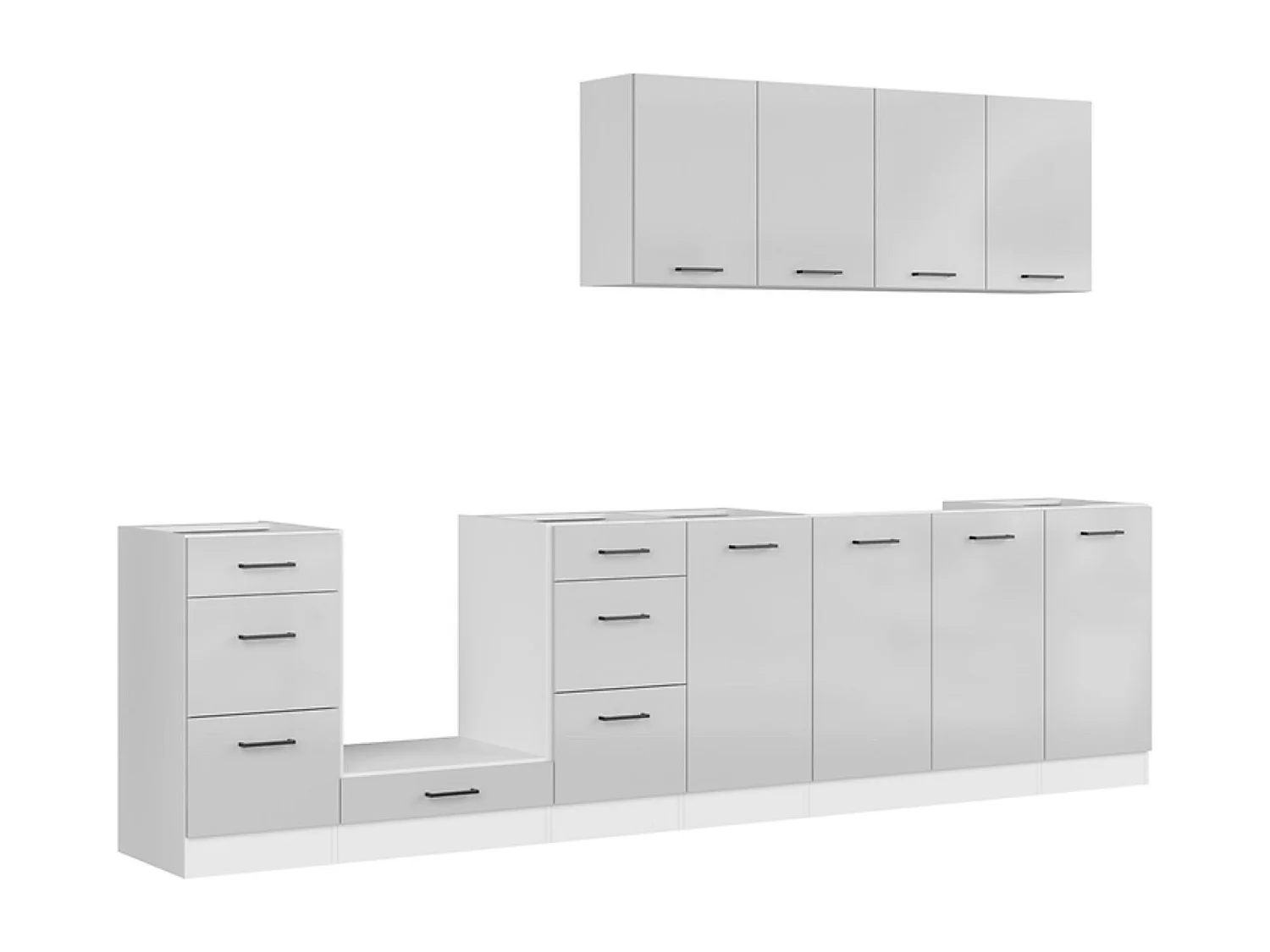 Cuisine complète 300 cm,Ensemble de meuble de cuisine coloris Gris clair brillant/Blanc, plan de travail non inclus