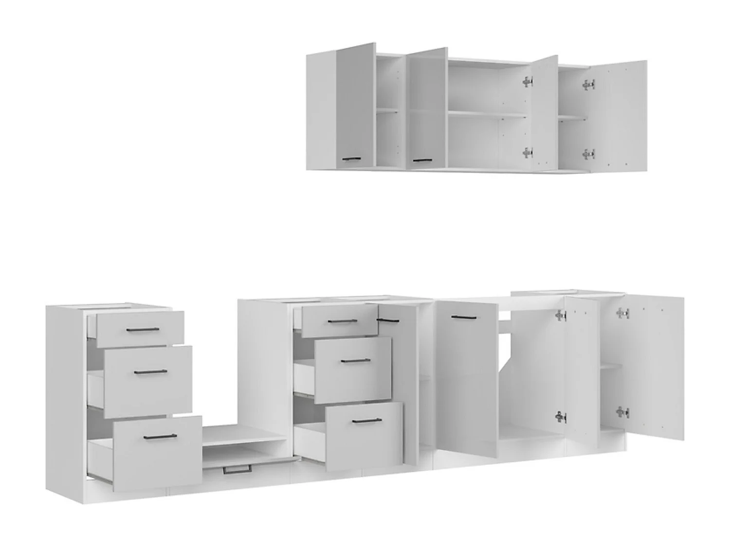 Cuisine complète 300 cm,Ensemble de meuble de cuisine coloris Gris clair brillant/Blanc, plan de travail non inclus