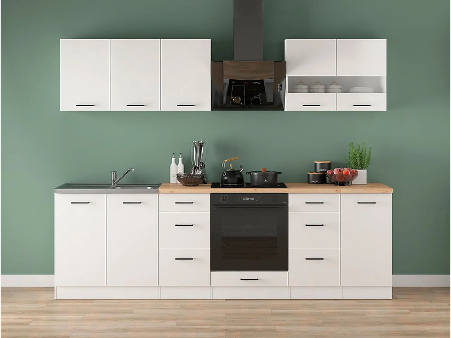 Cuisine complète 260 cm,Ensemble de meuble de cuisine coloris Blanc/Craie brillant, plan de travail non inclus