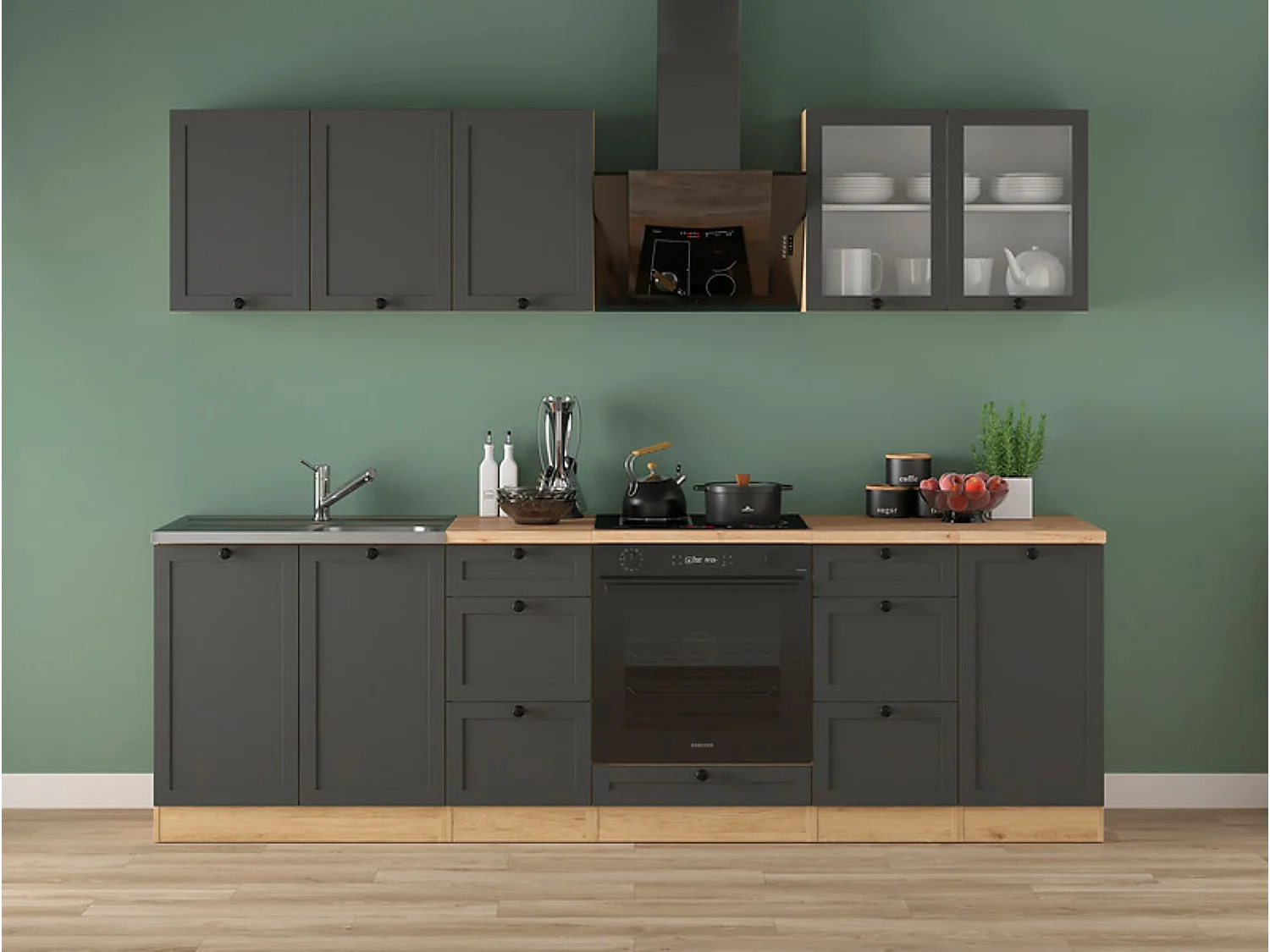 Cuisine complète 260 cm,Ensemble de meuble de cuisine coloris Chêne bernstein, plan de travail non inclus