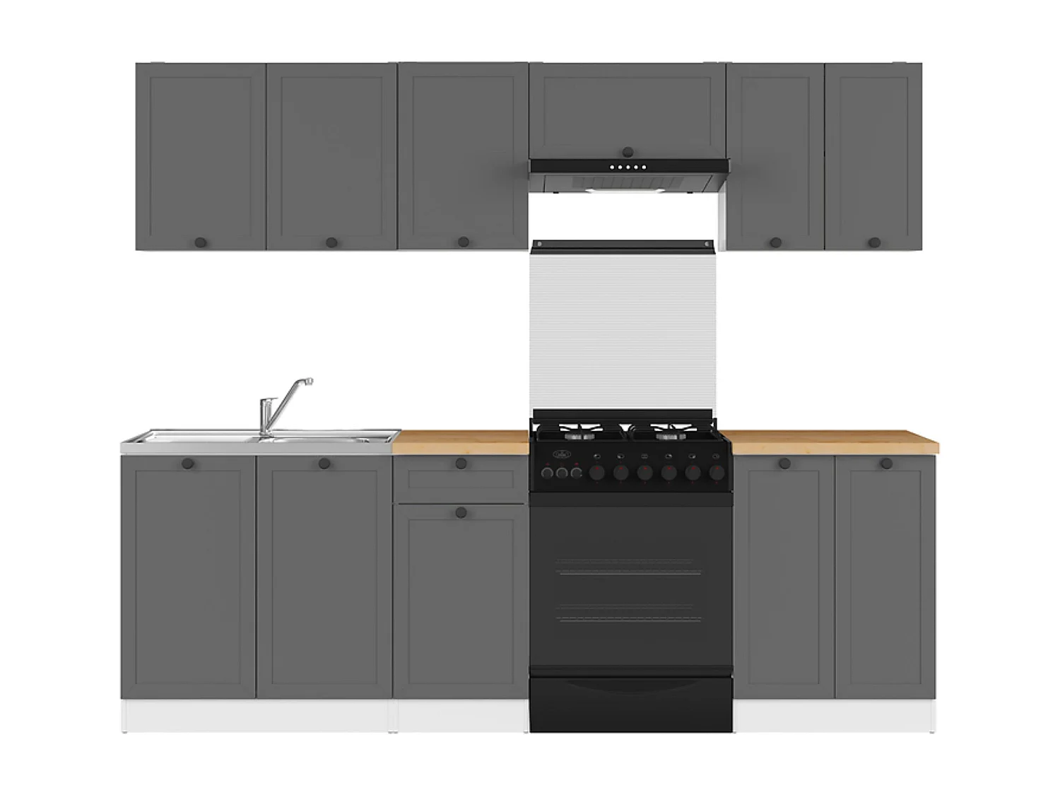 Cuisine complète 240 cm,Ensemble de meuble de cuisine coloris gris graphite/blanc, plan de travail coloris Chêne doré inclus
