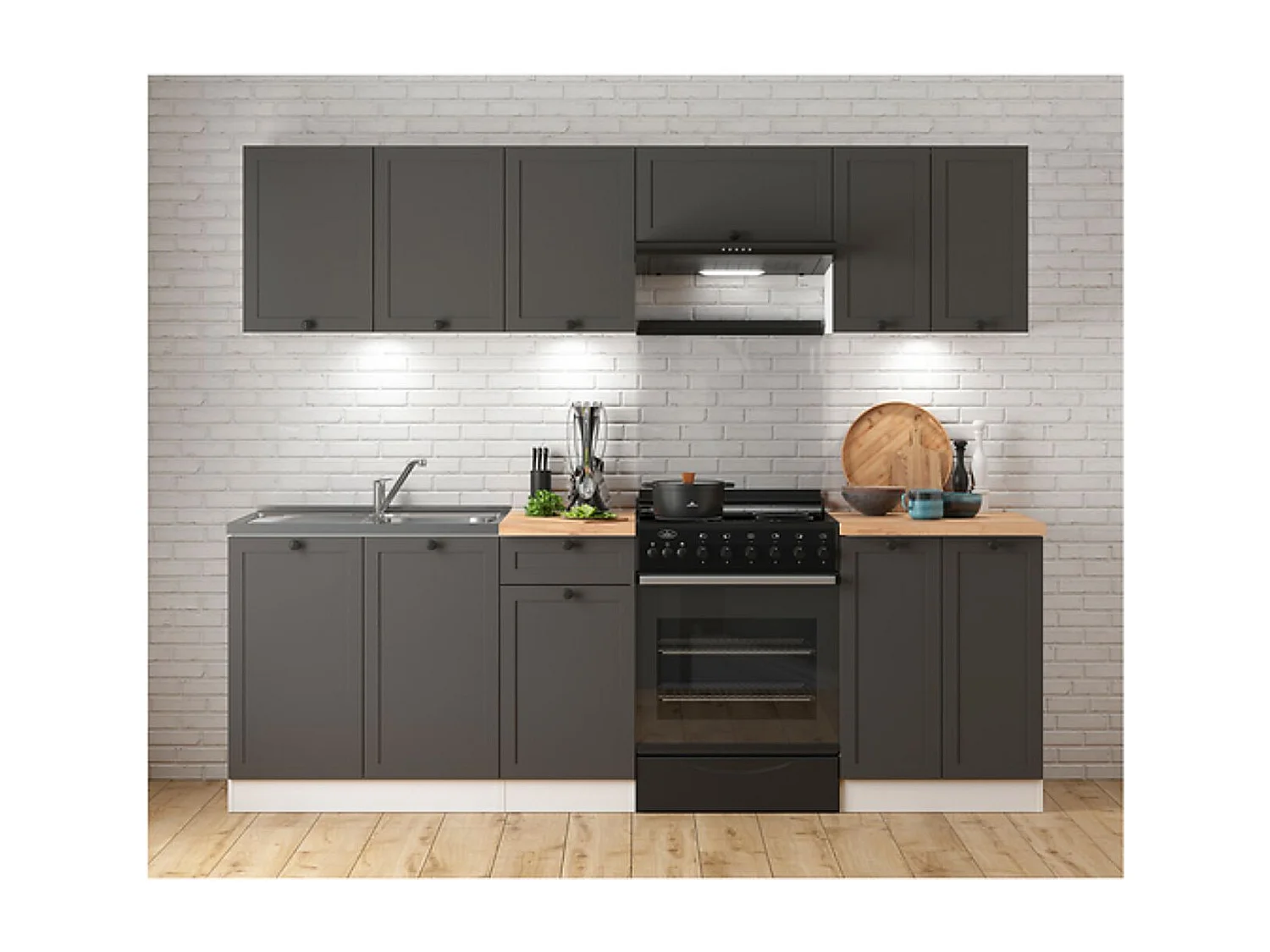 Cuisine complète 240 cm,Ensemble de meuble de cuisine coloris gris graphite/blanc, plan de travail coloris Chêne doré inclus