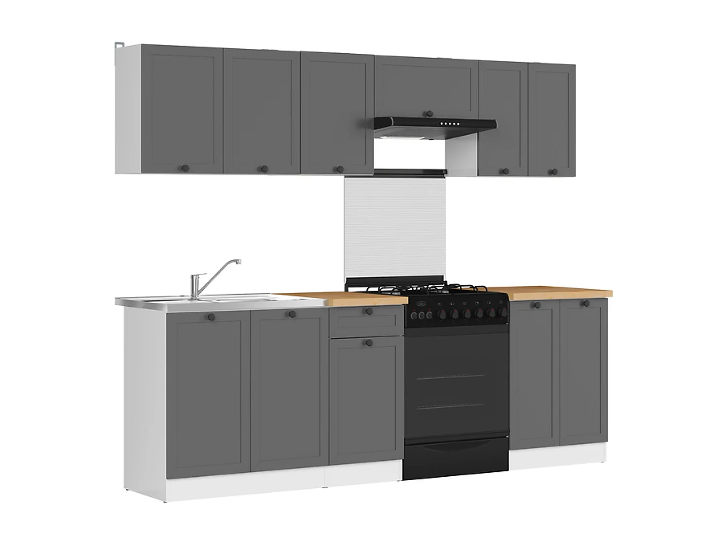 Cuisine complète 240 cm,Ensemble de meuble de cuisine coloris gris graphite/blanc, plan de travail coloris Chêne doré inclus