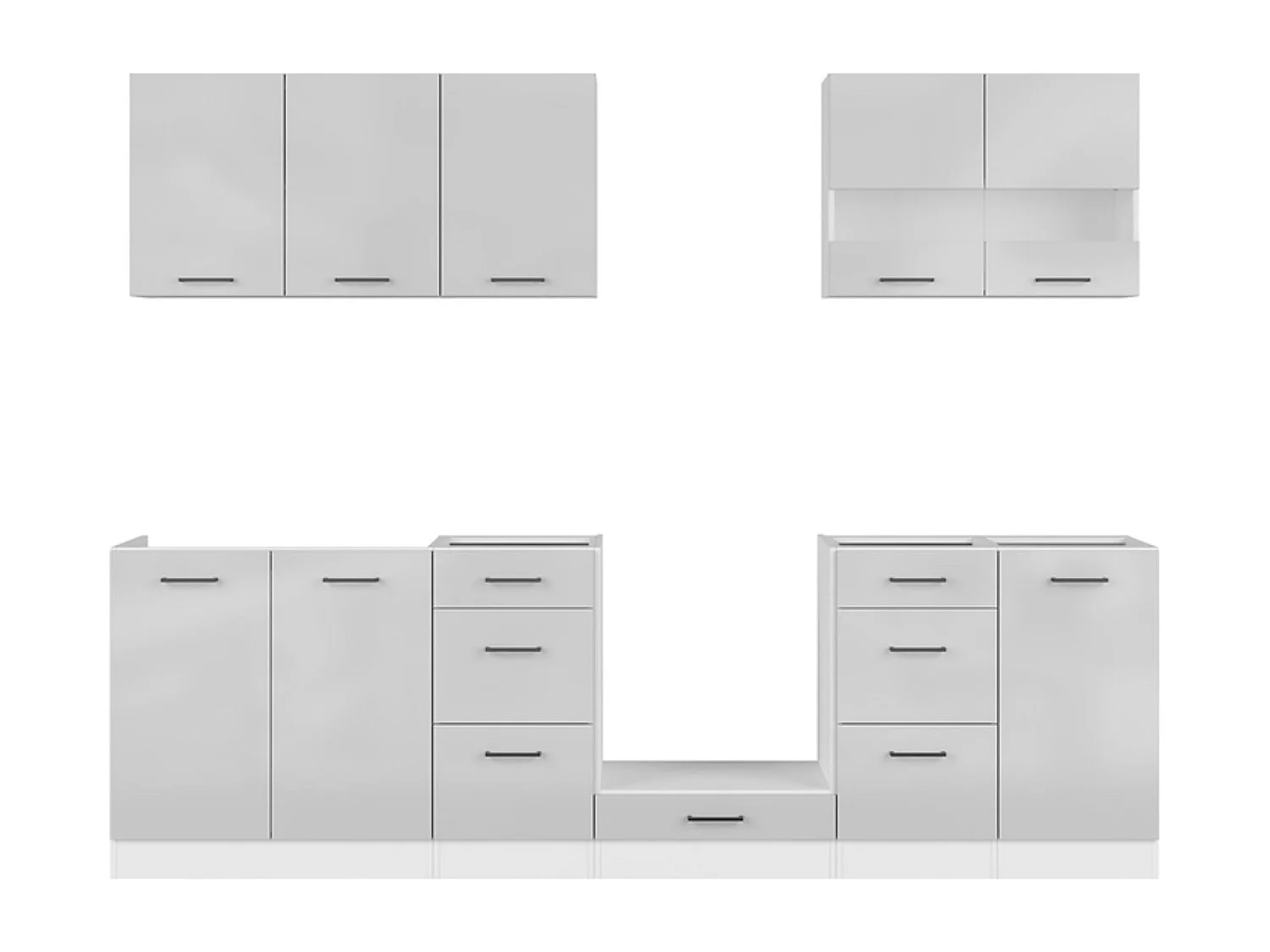 Cuisine complète 260 cm,Ensemble de meuble de cuisine coloris Blanc/Gris clair brillant, plan de travail non inclus
