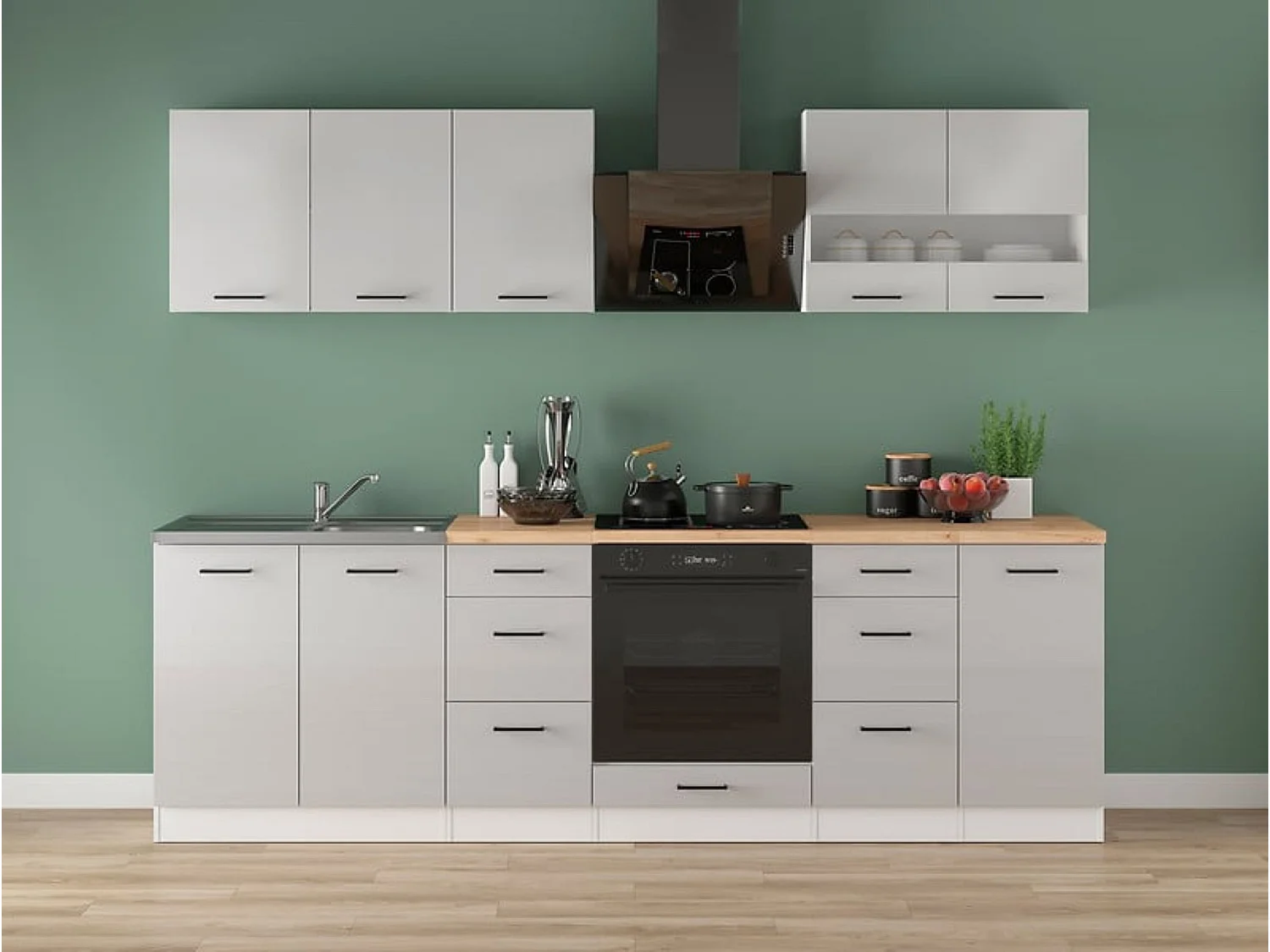 Cuisine complète 260 cm,Ensemble de meuble de cuisine coloris Blanc/Gris clair brillant, plan de travail non inclus