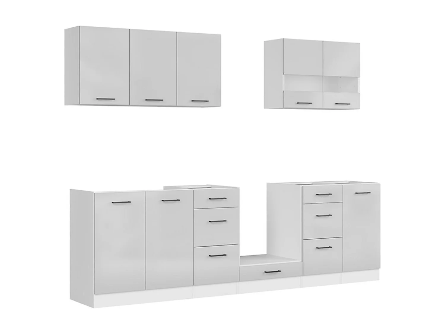 Cuisine complète 260 cm,Ensemble de meuble de cuisine coloris Blanc/Gris clair brillant, plan de travail non inclus