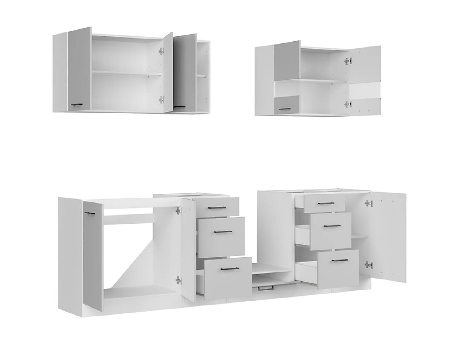 Cuisine complète 260 cm,Ensemble de meuble de cuisine coloris Blanc/Gris clair brillant, plan de travail non inclus