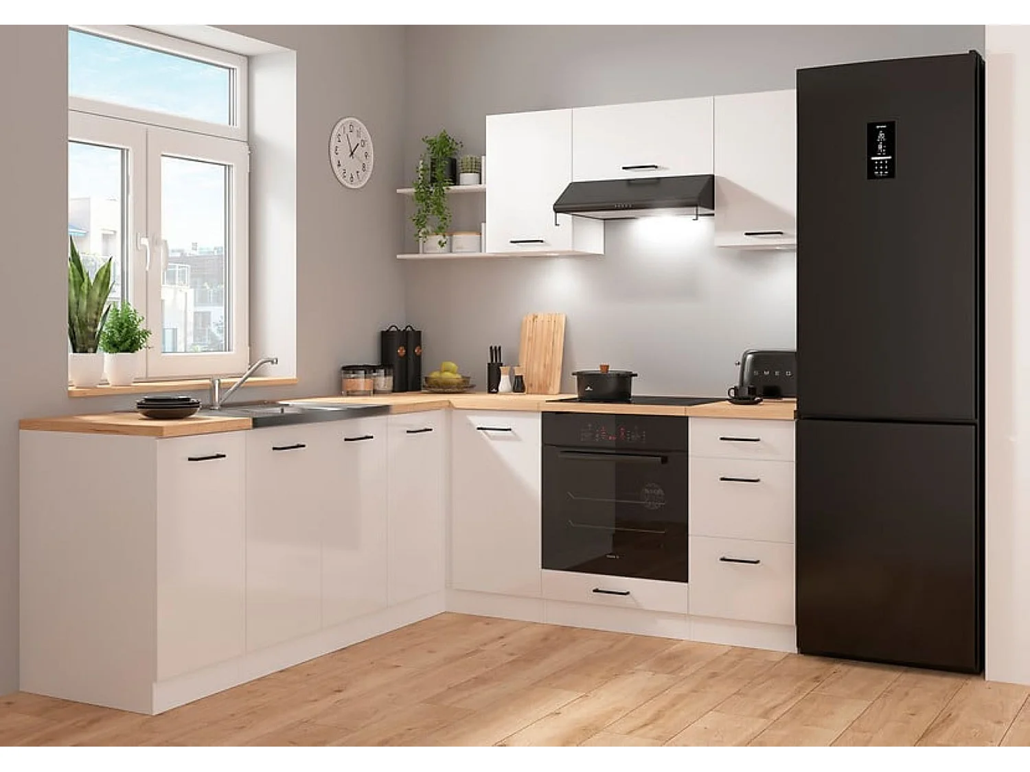 Cuisine d'angle complète 200x220 cm, Meubles de cuisine modulables coloris Blanc/Craie brillant, plan de travail Non inclus