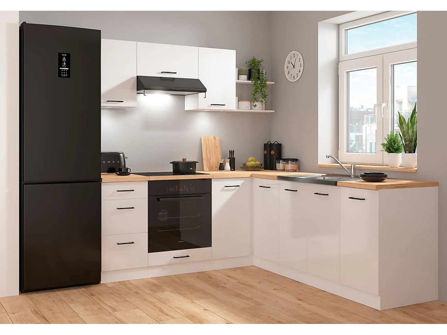 Cuisine d'angle complète 200x220 cm, Meubles de cuisine modulables coloris Blanc/Craie brillant, plan de travail Non inclus