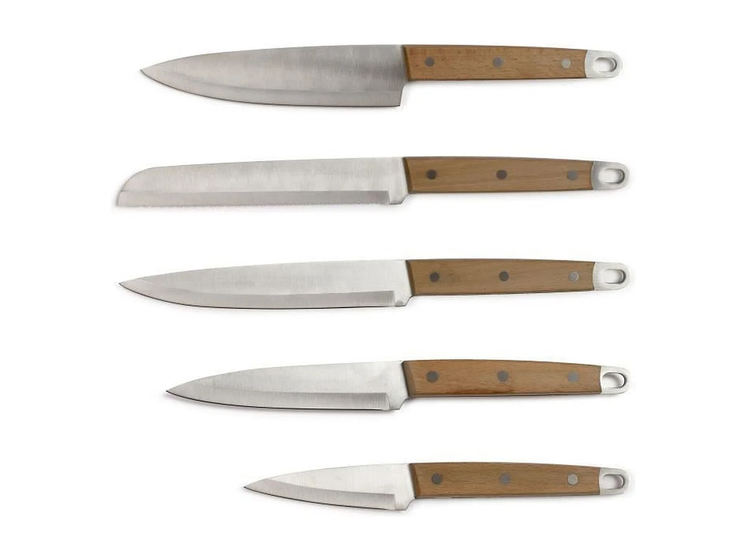 5 couteaux inox manche en hêtre - chef, à pain, de cuisine, tranchelard et office